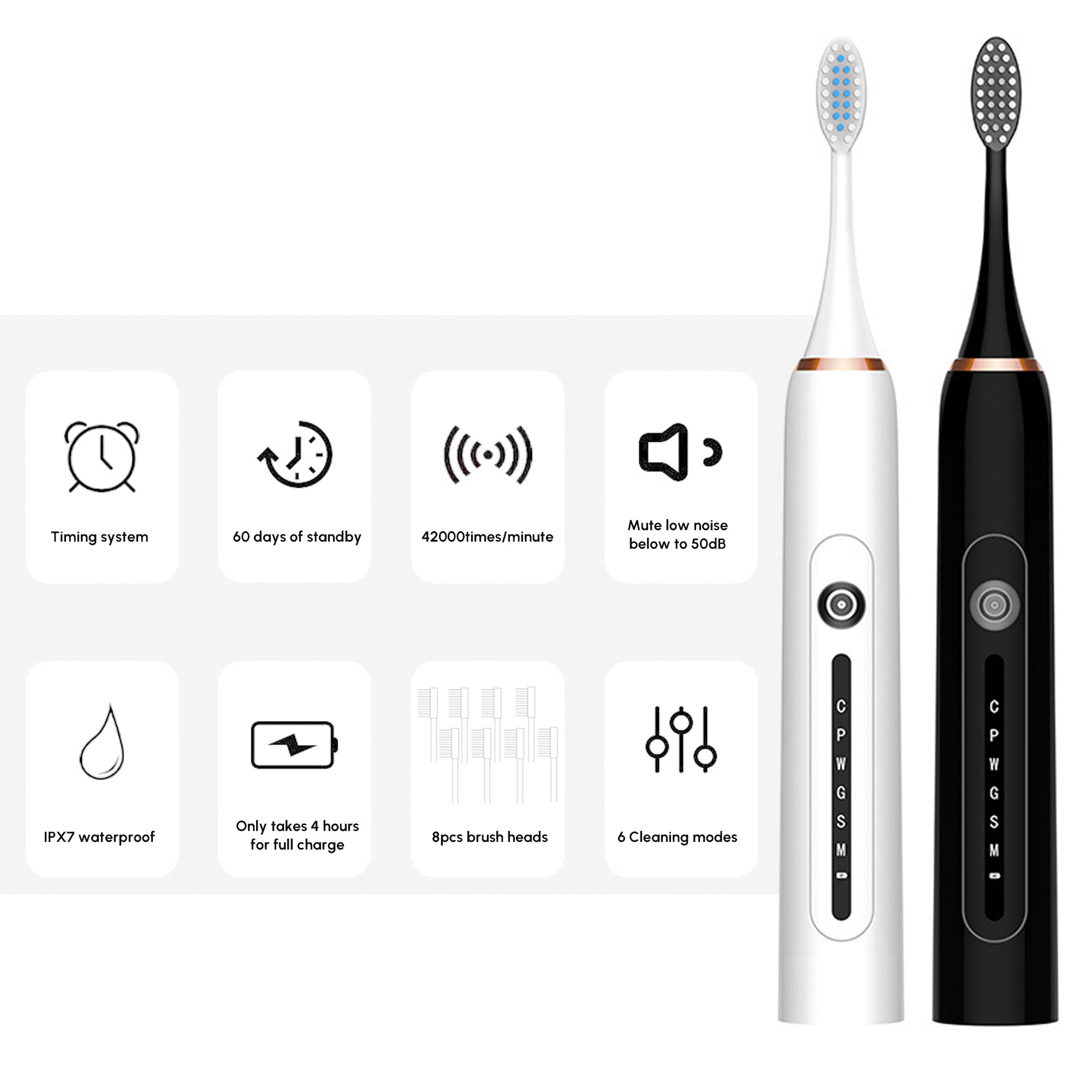 Toothbrush for Adults with 6 Modes and 8 Brush Heads 42000rpm Sonic
