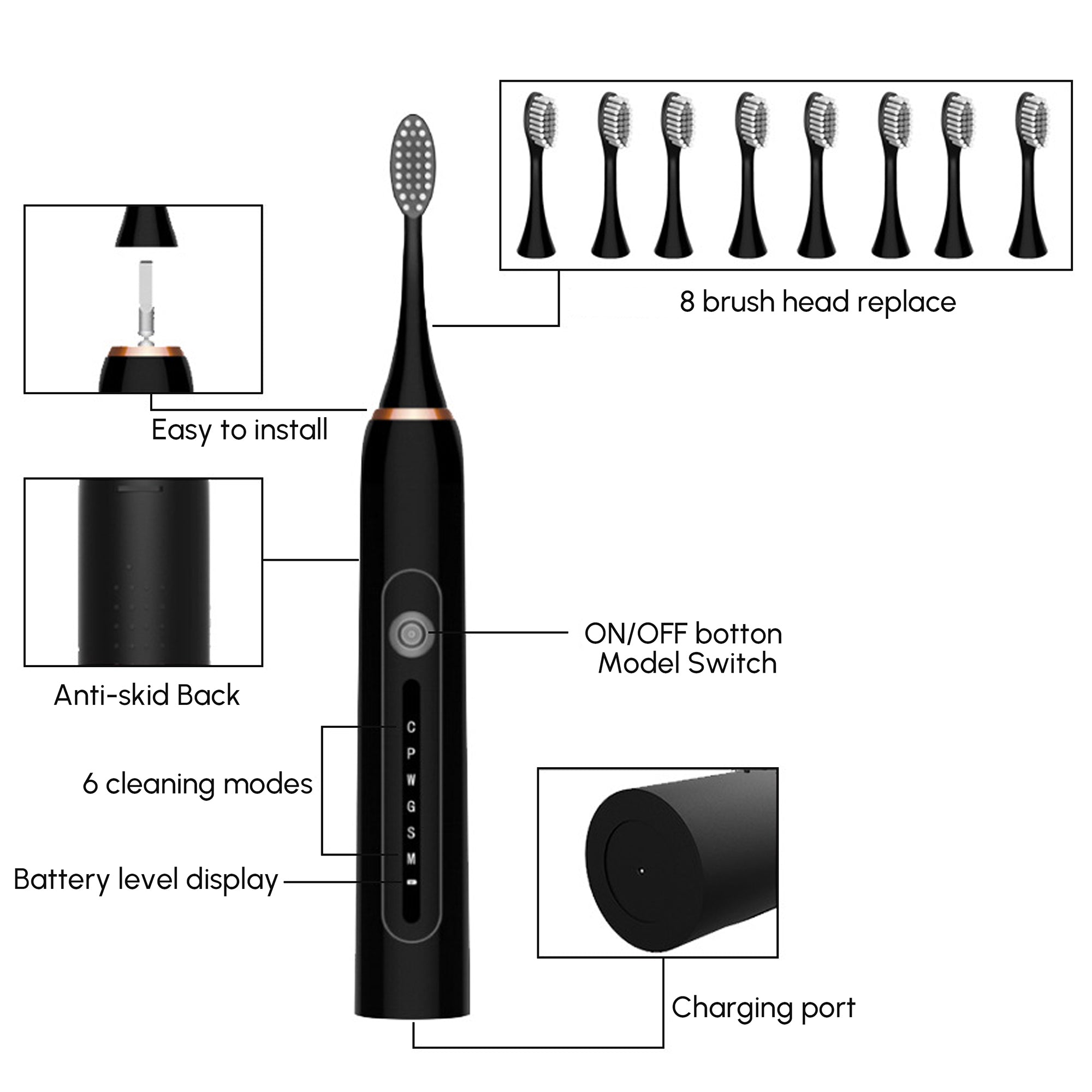 Toothbrush for Adults with 6 Modes and 8 Brush Heads 42000rpm Sonic