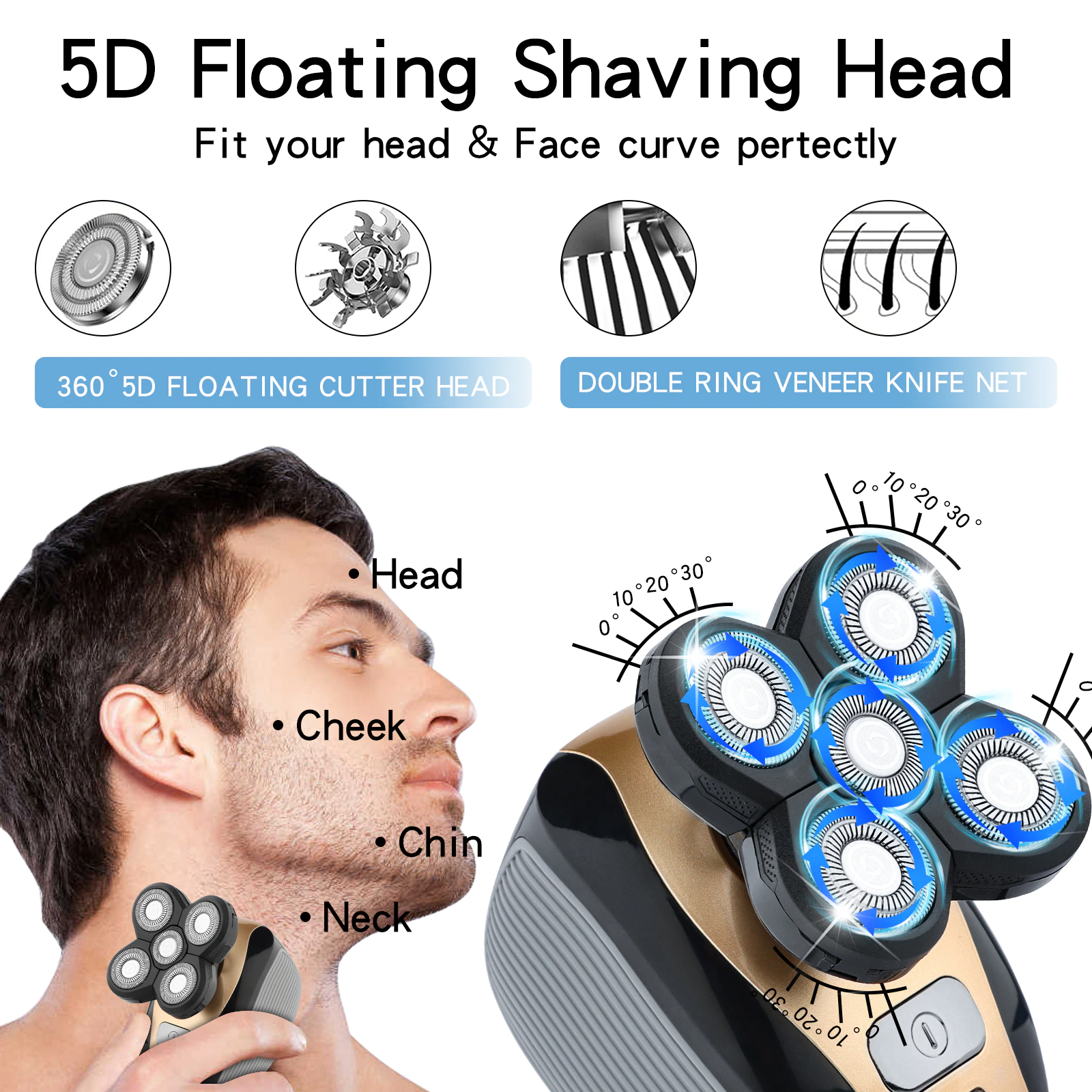 5-in-1 Rotary Electric Shaver 4D Rechargeable Bald Head Hair Beard
