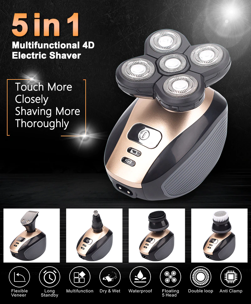 5-in-1 Rotary Electric Shaver 4D Rechargeable Bald Head Hair Beard