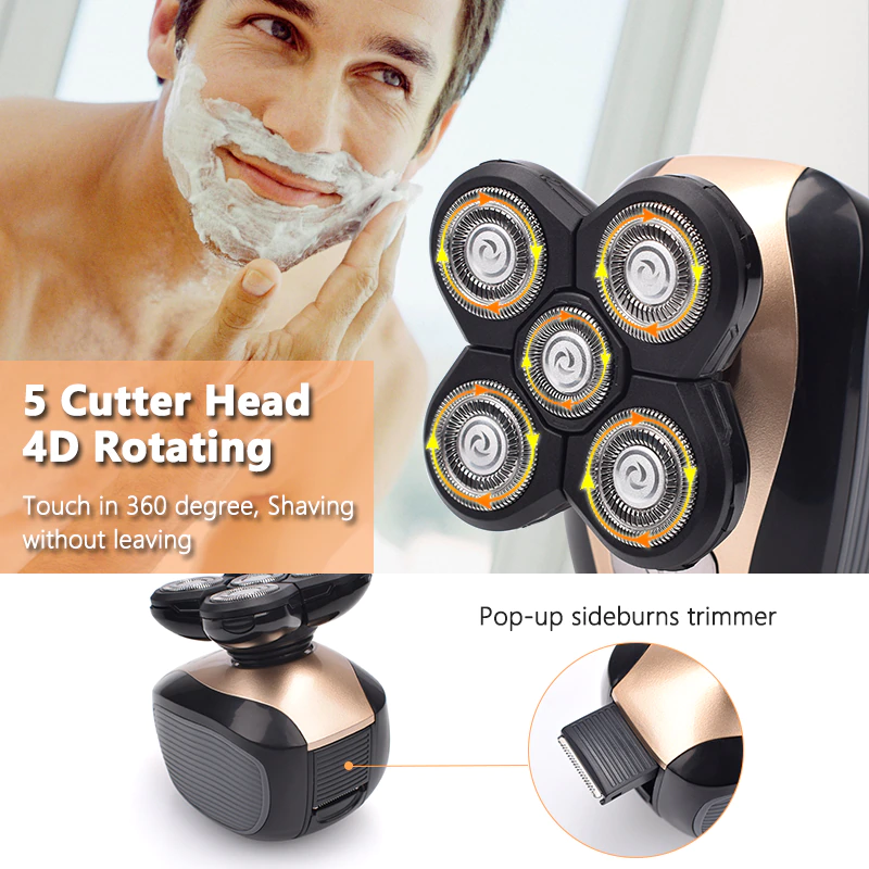 5-in-1 Rotary Electric Shaver 4D Rechargeable Bald Head Hair Beard